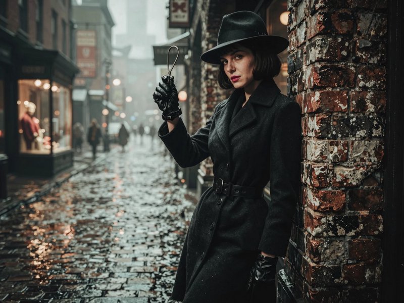 Noir femme fatale in black fedora leans on brick wall holding a lockpick on a foggy wet 1940s cobblestone city street