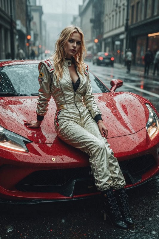 Blonde woman in metallic racing suit sits on the hood of a red sports car on a rainy city street