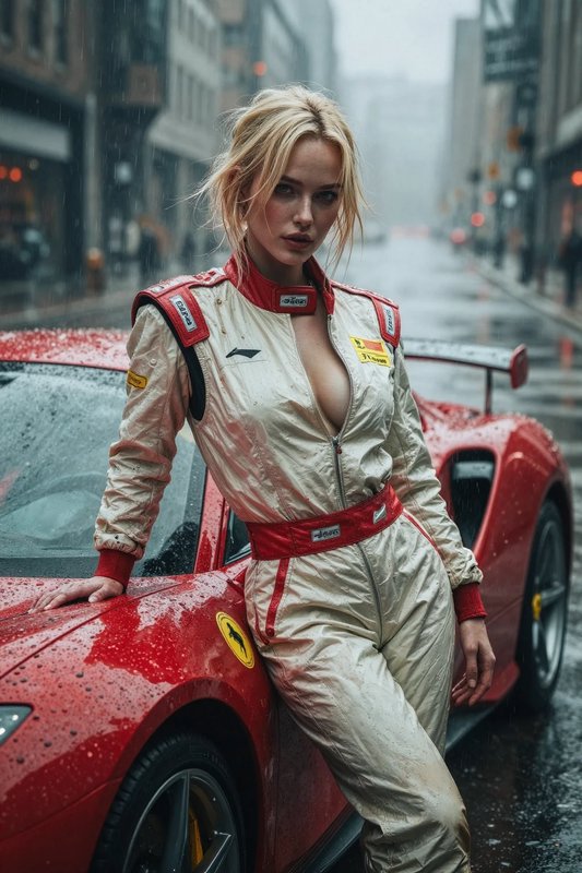 Blonde female race driver in a cream racing suit leans against a red sports car on a rainy urban downtown street.
