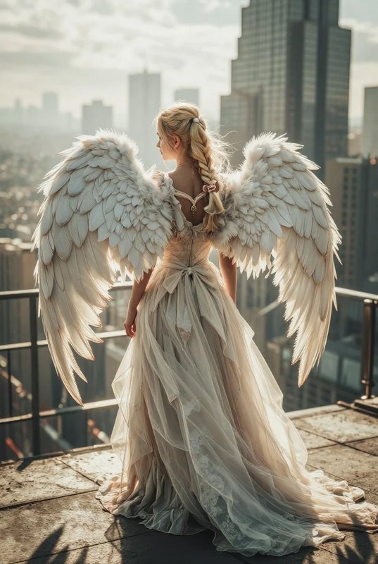 Blonde angel with large white feathered wings stands on a city rooftop overlooking a skyscraper skyline at golden hour.