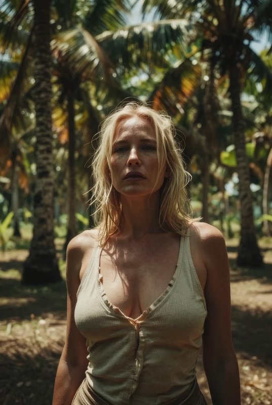 Serious sun-kissed blonde woman in a beige tank top stands in a sun-dappled tropical palm grove, facing the camera.