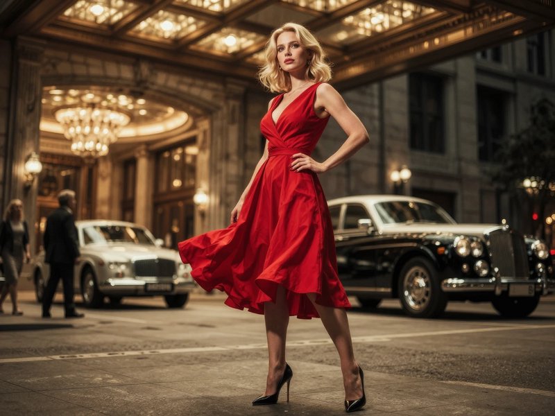 [Glamorous blonde woman in a flowing red midi dress poses outside an ornate luxury hotel beside vintage classic cars]