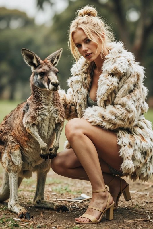 [Blonde woman in a textured fur coat crouches beside a standing kangaroo in a tree-lined outdoor park.]
