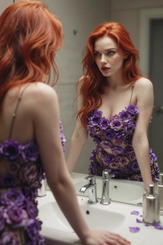 Woman with long wavy red hair in a purple rose applique dress gazing thoughtfully at her bathroom mirror reflection