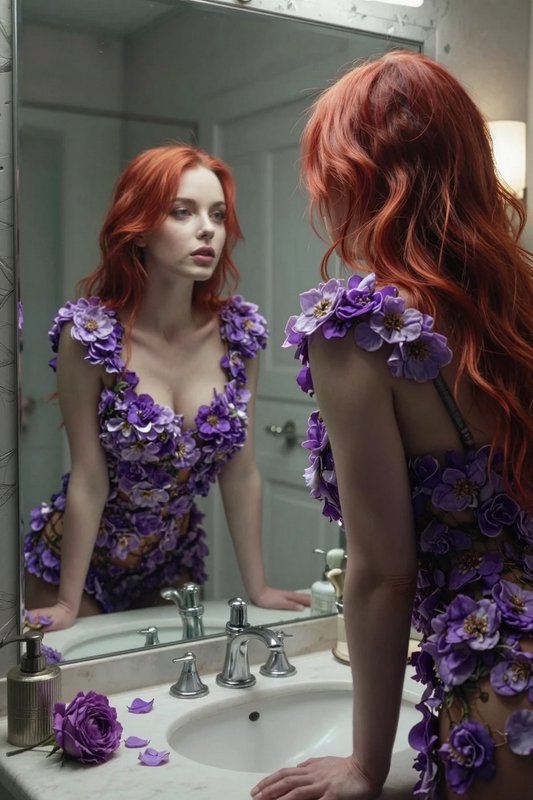 Woman with long wavy red hair in a purple flower dress gazes at her reflection in a bathroom vanity mirror
