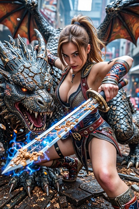 [Battle-ready female fantasy warrior holds glowing enchanted sword beside fierce spiked armored dragon on rubble-strewn ci...