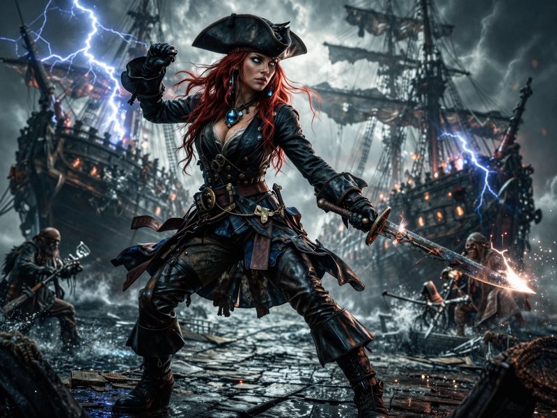 Fierce red-haired female pirate captain holds a glowing sword during a stormy naval battle between tall wooden galleons.