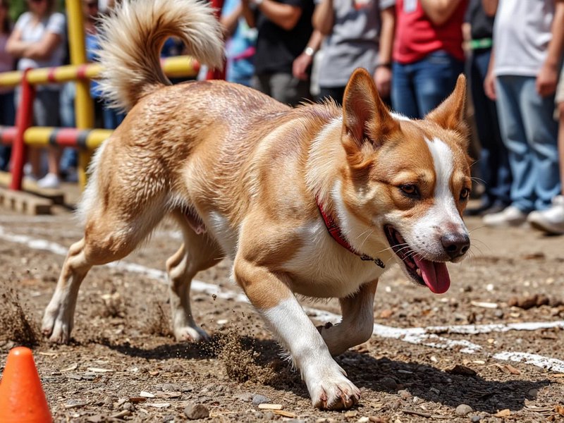 Tan and white mixed breed dog sprinting on a dirt race course at an outdoor dog competition, blurred spectators in