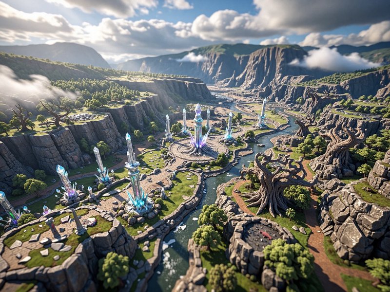 Aerial view of a fantasy canyon valley with glowing crystal spires, winding river, rocky cliffs, and sunny cloudy sky.
