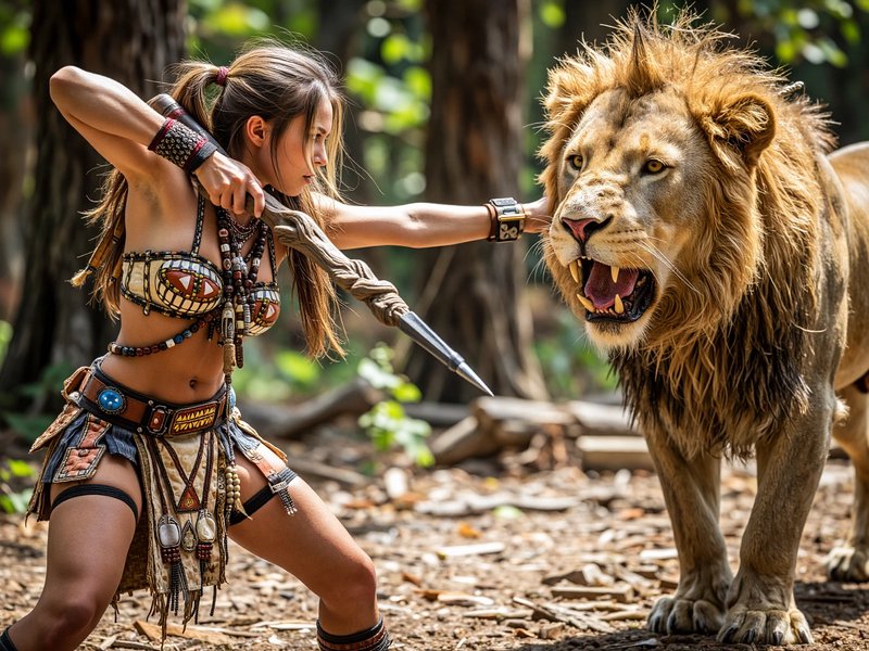 Female tribal warrior in beaded battle gear readies a spear against a snarling large maned lion in a sunlit forest clearing