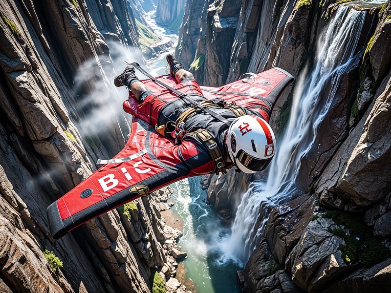 Wingsuit flier in a red suit glides through a steep rocky canyon beside a cascading mountain waterfall.