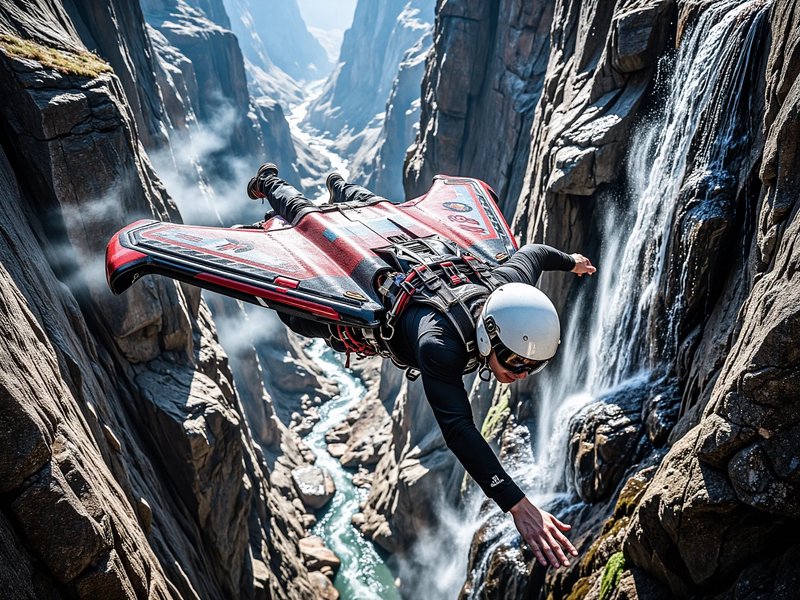 Wingsuit flyer glides close to a rocky canyon waterfall, soaring above a deep mountain river gorge mid-flight