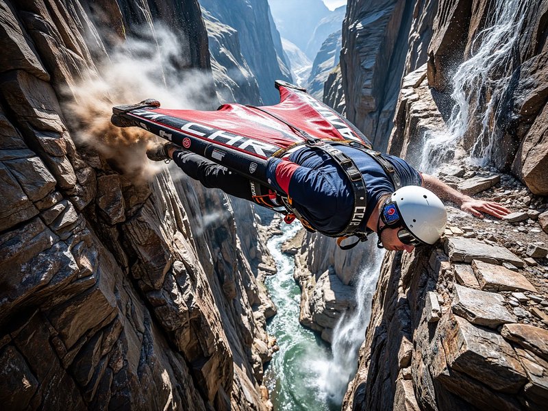 Wingsuit pilot glides between steep rocky canyon walls, one hand touching a cliff ledge above a rushing river.