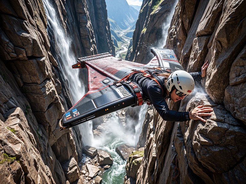 Wingsuit pilot gliding through a steep rocky waterfall canyon, reaching to touch a nearby cliff face mid-flight