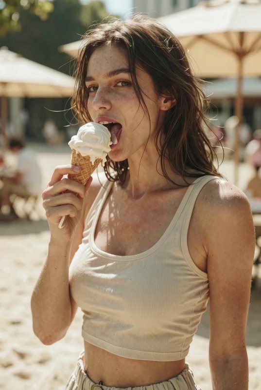 Young woman licking a melting vanilla waffle ice cream cone at a sunny beach patio