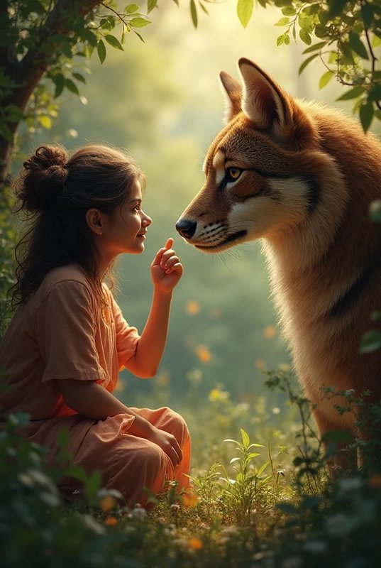 Smiling young girl sits face-to-face with a large gentle golden wolf in a sun dappled forest clearing at golden hour.
