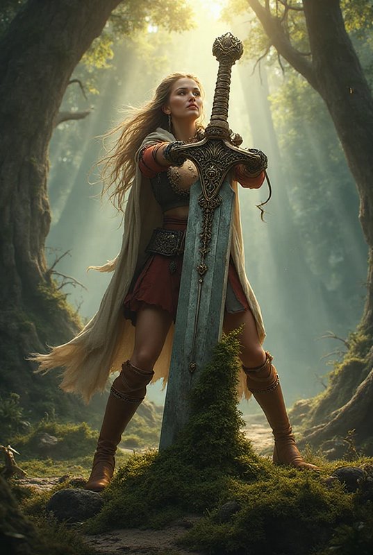 Powerful female fantasy warrior grips an ornate giant greatsword standing in a sun-dappled misty ancient forest