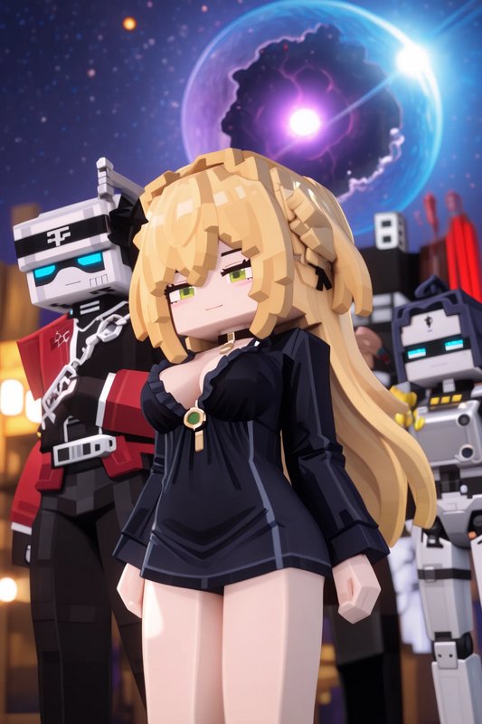 Blocky voxel 3D anime girl flanked by robot guards under a glowing alien planet night sky