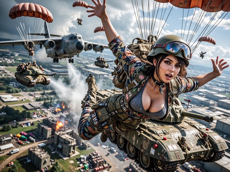 Stylized female paratrooper free falls mid-air, alongside parachuting tanks and military aircraft over an active battle zone.