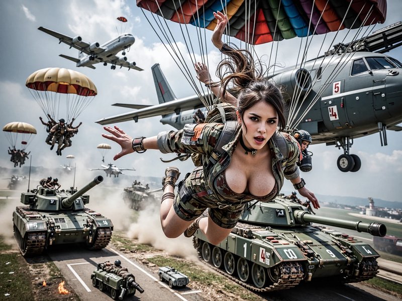 Female paratrooper in camouflage free falls above advancing military tanks, transport planes, and other descending paratro...