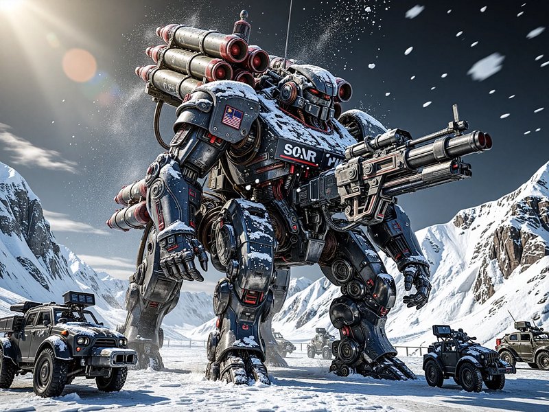 [Massive armed military mech robot stands in snowy alpine mountains surrounded by tactical off-road vehicles during fallin...