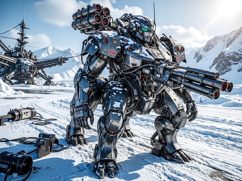 Heavily armed futuristic combat mech dusted with snow stands on a frozen arctic mountain plain.
