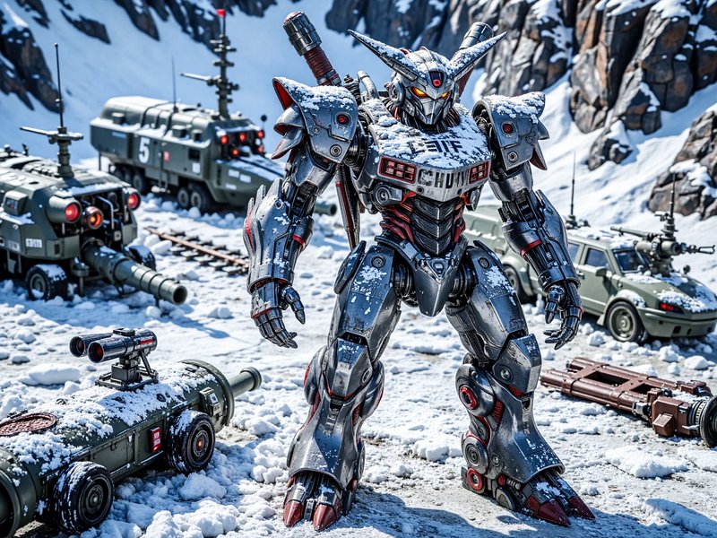 [Battle-worn silver mech robot dusted with snow stands surrounded by military vehicles at a snowy mountain outpost]