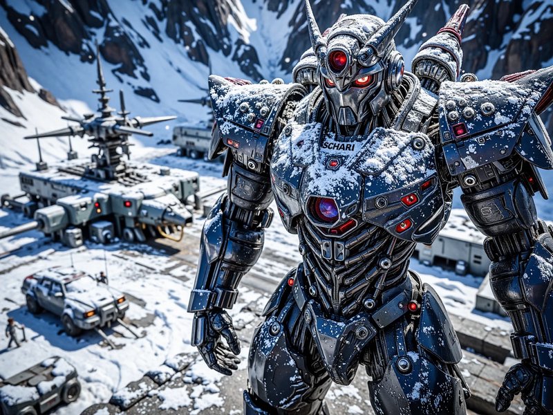 [Snow-dusted dark battle mech with glowing red eyes stands guard at a snowy alpine military outpost]