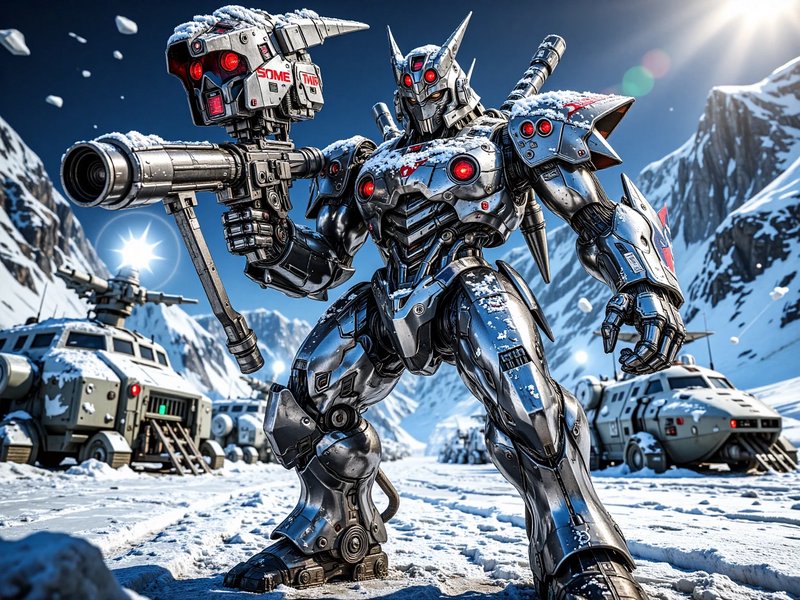 [Polished silver combat mech holding a heavy cannon stands in a sunlit snowy mountain military outpost]