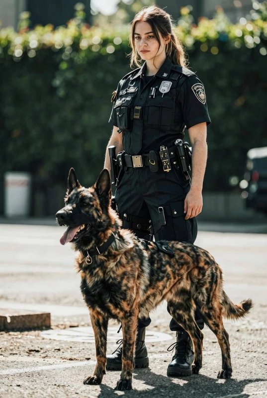 Female police officer in uniform stands with her uniquely patterned K9 police dog on a sunny urban street
