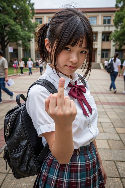 Teen schoolgirl in uniform giving a defiant middle finger while standing on a school campus walkway