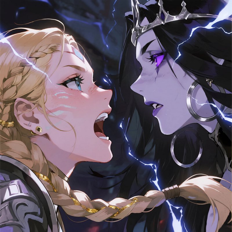 Anime illustration of a blonde warrior and dark evil queen facing off angrily, linked by lightning and a tangled shared