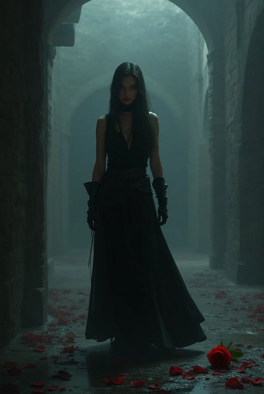 Mysterious woman in a black gown stands in a foggy stone castle corridor scattered with red rose petals.