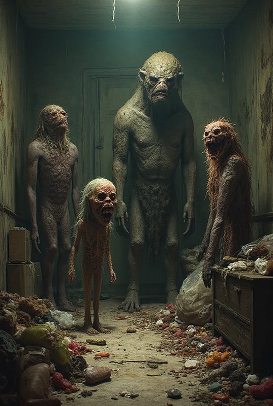 Four grotesque mutated humanoid monsters stand in a cluttered garbage-strewn grimy narrow hallway under dim overhead