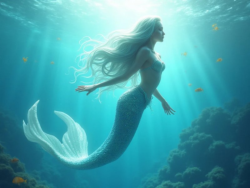 [Ethereal mermaid with long flowing pale hair glides upward through sunlit turquoise ocean above coral reefs]