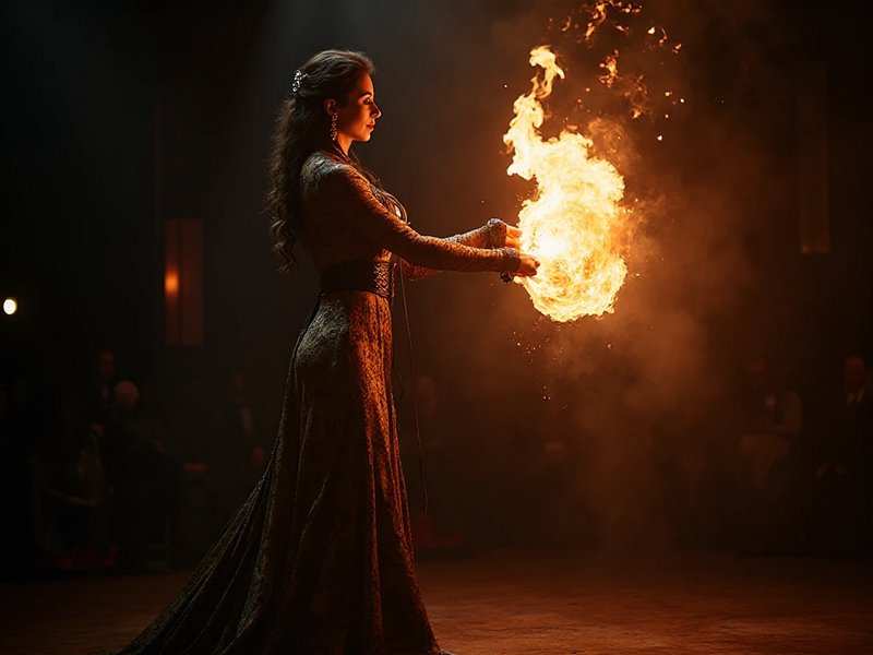 [Profile view of a woman in an ornate fantasy gown conjuring a bright, swirling fireball with outstretched hands on a dim ...