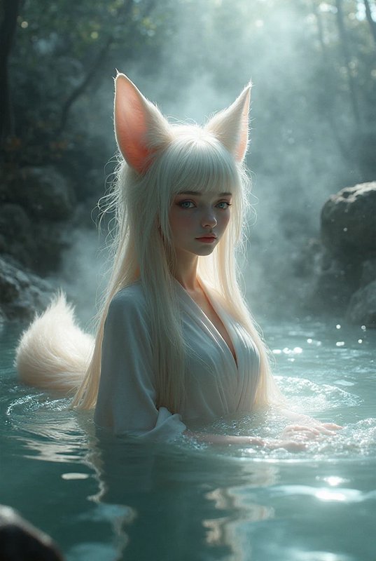 Ethereal kitsune fox spirit with white hair, fox ears and tail standing partially submerged in a misty forest hot spring