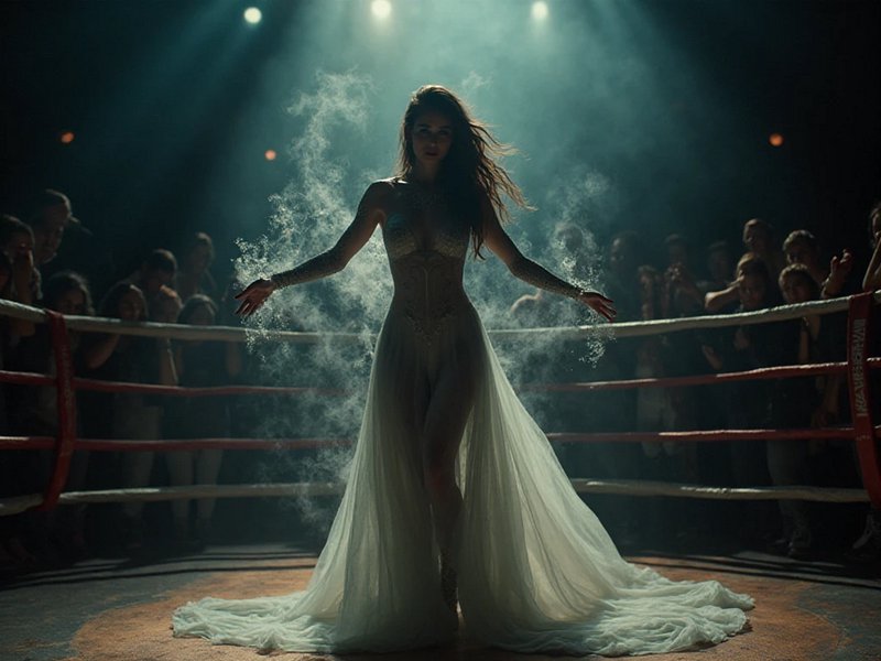 Silhouetted woman in flowing sheer gown stands center of a boxing ring under dramatic spotlights, swirling mist around her...