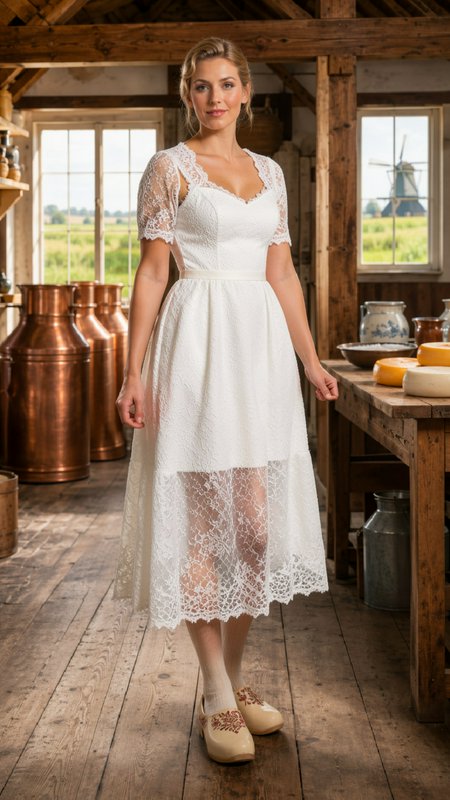 [Blonde woman in white lace midi dress and embroidered wooden clogs standing in a rustic Dutch dairy farmhouse interior]