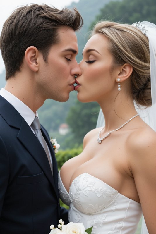 Close-up of bride and groom sharing a gentle kiss outdoors, misty forested hills in the background on their wedding day.