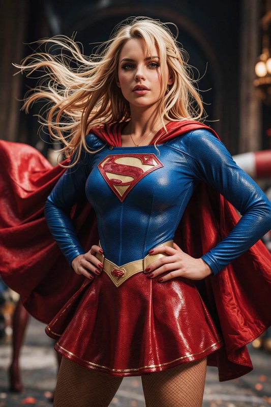 Confident Supergirl stands with hands on hips, wind-blown blonde hair, in iconic blue red superhero costume with flowing