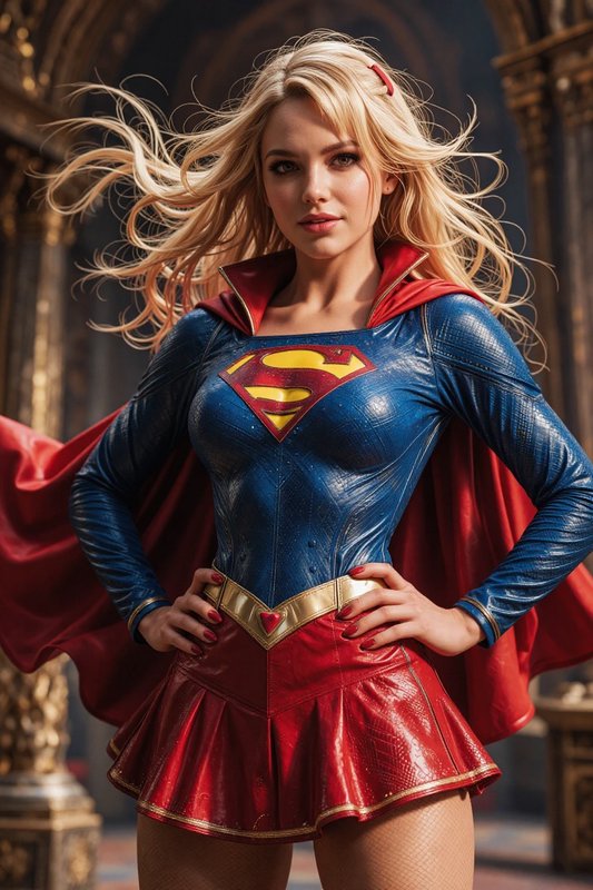 Confident blonde Supergirl stands with hands on hips, wind blowing her hair and cape, wearing her iconic classic