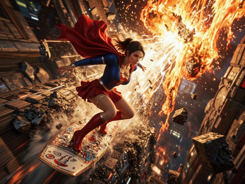[Superheroine Supergirl rides an ornate flying carpet past fiery explosions above a crumbling city mid-action]