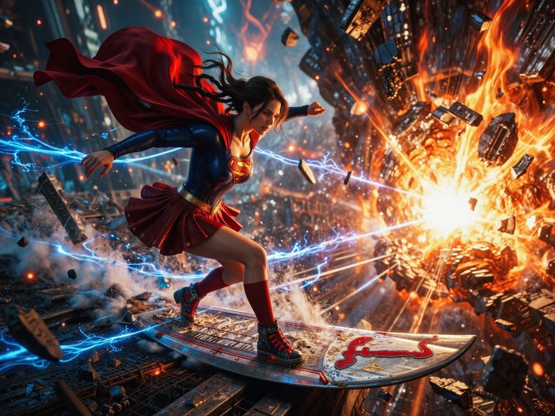 [Superheroine Supergirl rides a futuristic hoverboard through an exploding city, surrounded by crackling blue lightning an...