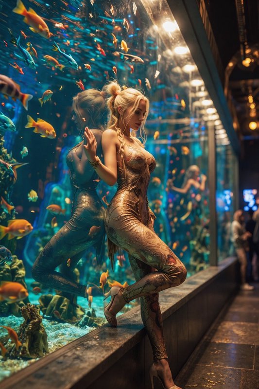 Blonde woman in an ornate gold catsuit leans against a large glowing aquarium full of colorful tropical fish