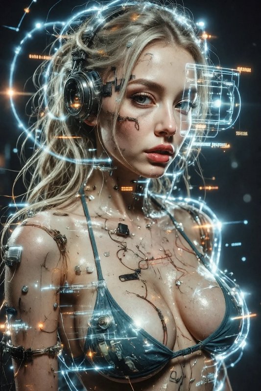 [Portrait of a futuristic cyberpunk female cyborg with glowing holographic interfaces and embedded cybernetic implants]