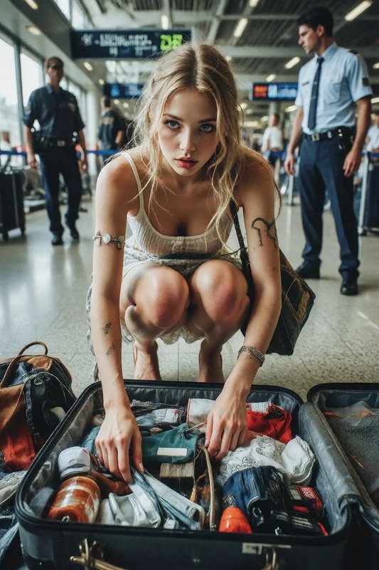 Young blonde woman crouching to sort through an open packed suitcase at a busy airport terminal, security officers in back...