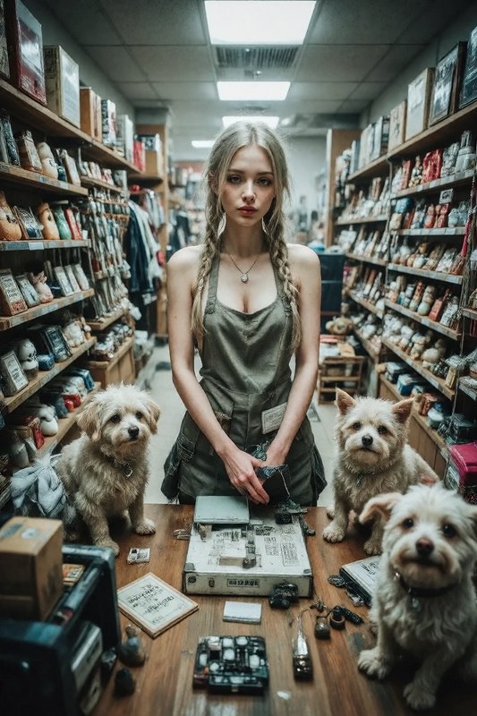 Young blonde shopkeeper stands behind a vintage general store counter with three small fluffy terrier dogs on the