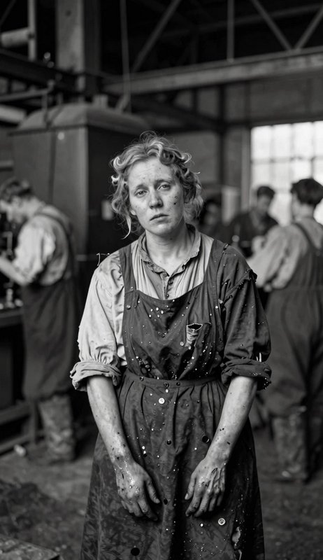 Black and white portrait of a tired 20th century female factory worker standing in a busy industrial workshop