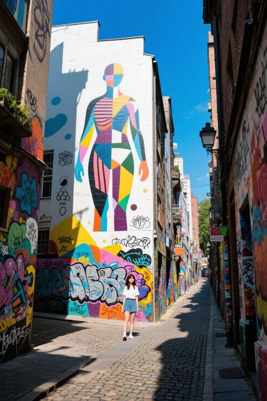 Young woman stands on a cobblestone alley below a massive colorful geometric human figure street art mural on a sunny day.